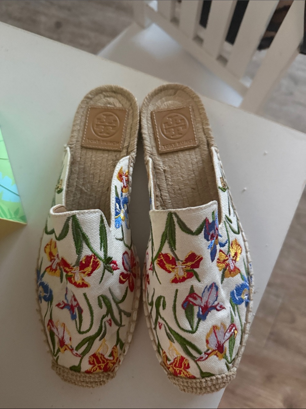 Tory Burch Cream Espadrille Slip-On with Multicolor Floral Embroidery